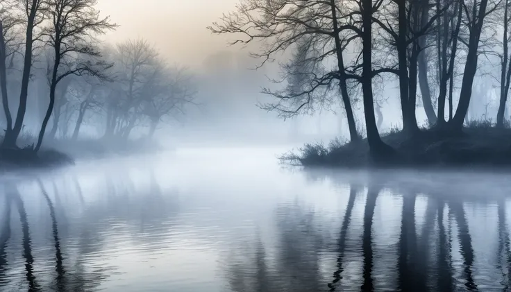 Create a digital artwork of a foggy river with shadows of trees and mysterious shapes. The scene should capture the eerie and mystical atmosphere, with dense fog obscuring the water and surrounding landscape. The shadows of trees should loom on the riverba...