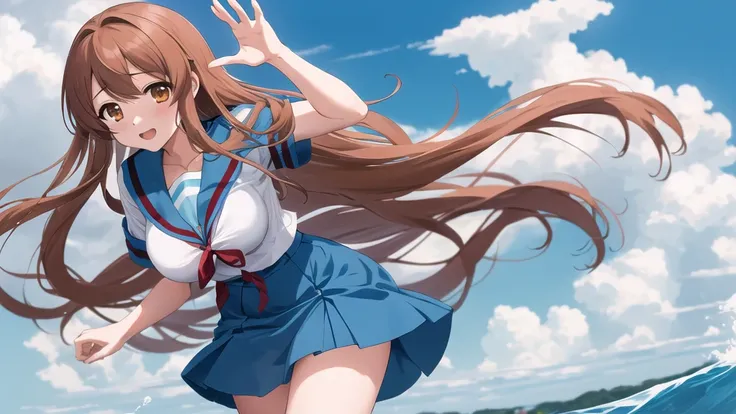 Main 1, One girl, asahina mikuru, Long Hair, high income , alone, blue Sailor collar, Sailor collar, Seraphim, blue skirt, skirt, Short sleeve, Red ribbon, Large Breasts, Cowboy Shot, wave hands, Outdoor, Leaning forward,