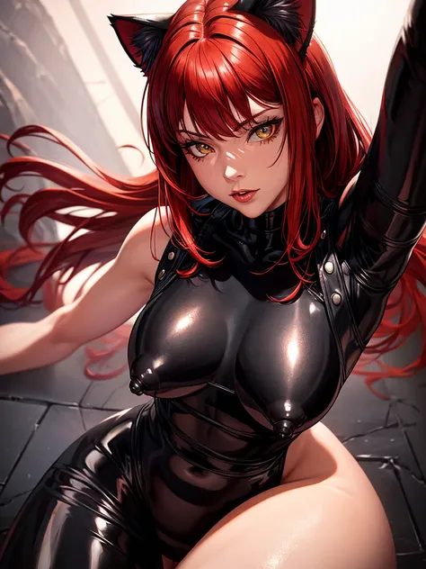 a beautiful detailed red haired girl wearing a black leather bodysuit, with cat ears, large breasts, extremely detailed nipples and vagina, masterpiece, ultra-detailed, realistic, photorealistic, 8k, vibrant colors, dramatic lighting, dark and moody, drama...