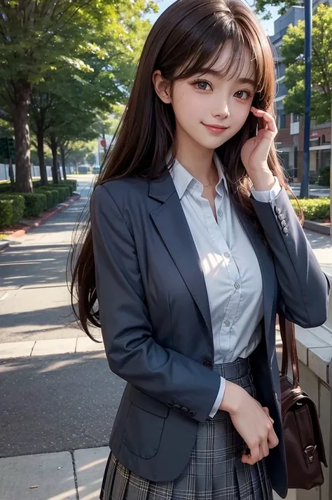 Beautiful girl、Brown Hair、Medium Hair、high school student、、Dark Blue Blazer、White shirt under blazer、huge 、Grey plaid skirt、Shade of trees in the schoolyard、smile、wave hands