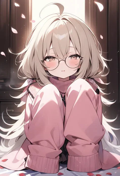 (round glasses:1.2), (loli:1.6),ecru beige hair,(half closed eyes:1.1),beige eyes,kawaii,(highlight on eyes:1.1),(cute face:1.1),baby face, BREAK (sleeves past hands:1.2), (sleeves past wrists:1.2),(hands are hidden in sleeves:1.1),sleeves past fingers BRE...