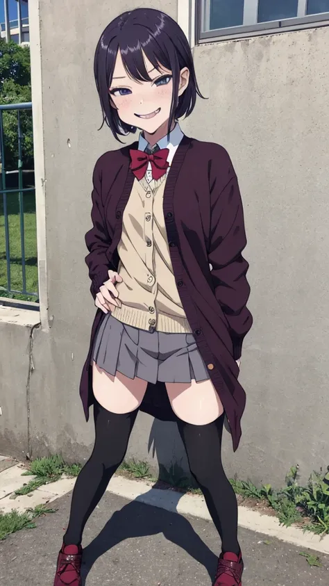 1girl,6yo,(petite),outdoor,uniform,cardigans,miniskirt,looking viewer,(smirk),thighhighs,shoes,(sexy,hentai,ero)