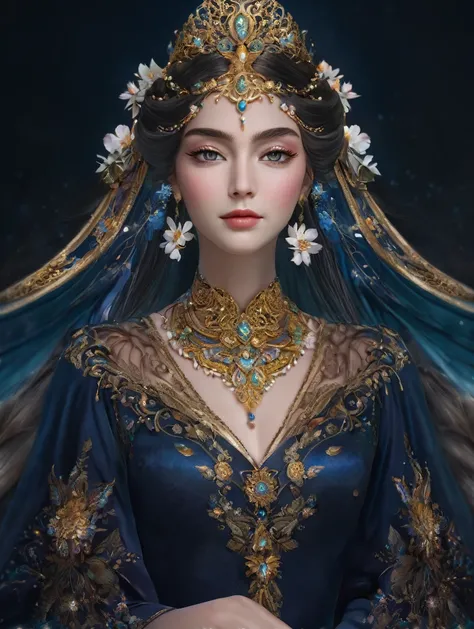 a close up of a woman in a ornate dress with flowers in her hair, trending on cg society, fantasy art, ((a beautiful fantasy empress)), a beautiful fantasy empress, anime goddess, gilded lotus princess, 8k high quality detailed art, portrait fine art, beau...