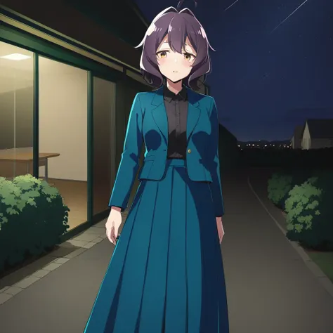 one girl, alone, utena, long skirt without pleats, black shirt, blue jacket, outside, night