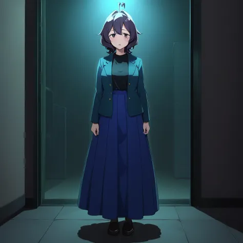 one girl, alone, utena, long skirt without pleats, black shirt, blue jacket, outside, night