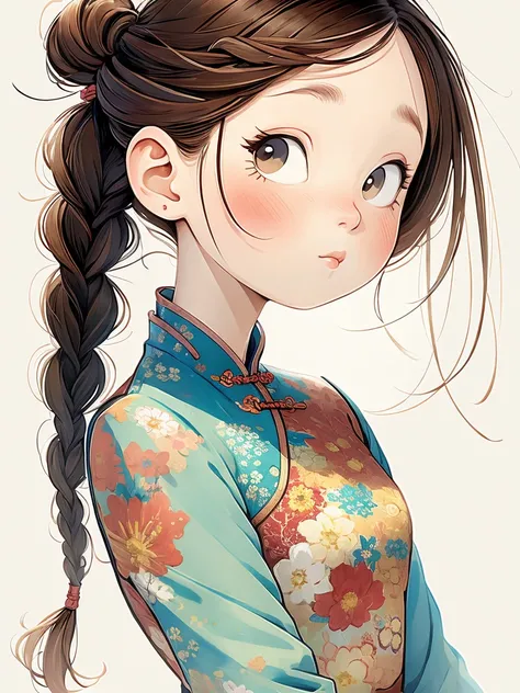 (masterpiece, best quality:1.2), watercolor，cartoonish character design。1 girl, Solitary，big eyes，Cute expression，Two braids，cheongsam，portrait，interesting，interesting，Clear lines，Leave blank，