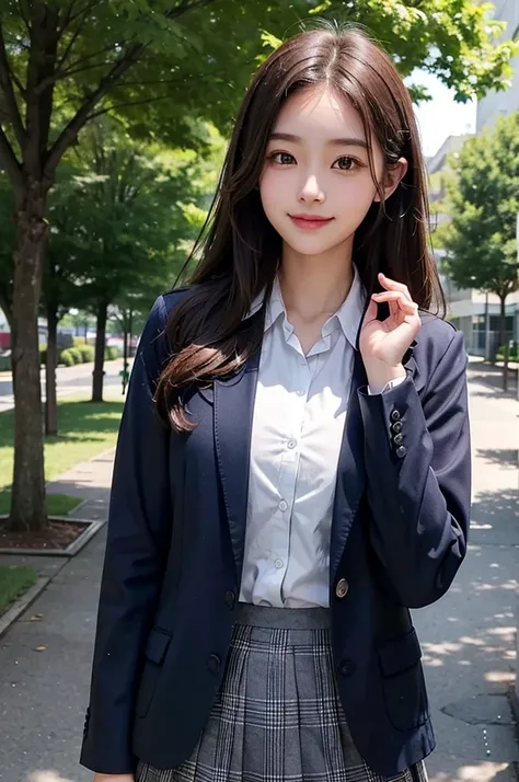 Beautiful girl、Brown Hair、Medium Hair、high school student、、Dark Blue Blazer、White shirt under blazer、huge 、Grey plaid skirt、Shade of trees in the schoolyard、smile、wave hands