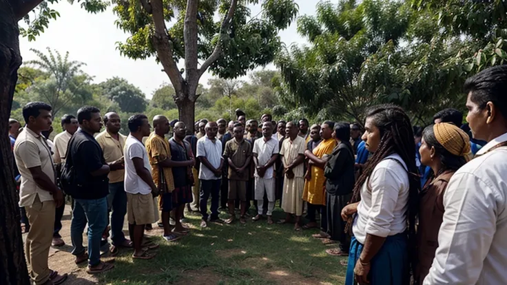 An indian old monks dreadlocks got entangled in a tree, so many people standing around and talking with him