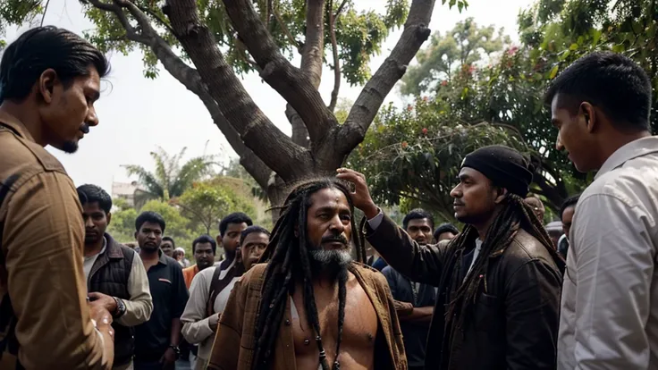 An indian old monks dreadlocks got entangled in a tree, so many people standing around and talking with him