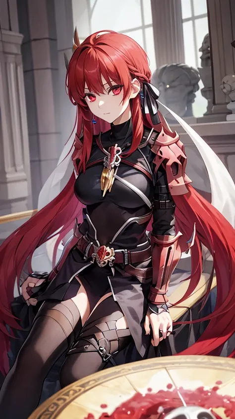 score_9, score_8_up, score_7_up, score_6_up, score_5_up, score_4_up, source_アニメ, tomboy girl, long hair, Bust Cup B , open-chest outfit, Guillotine Cross Set, breastplate, waist armor, Armor, red hair, metal hair accessories, red eyes, Sparkling eyes, sit,...