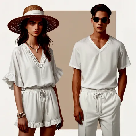 candid fashion illustration of young man and woman, both aged 20 year old, ((showcase fashion in a White cotton-rayon outfits)), inspired by Christian Diors resort collection in elegant bohemian style. The man wears an oversized short-sleeved white shirt, ...