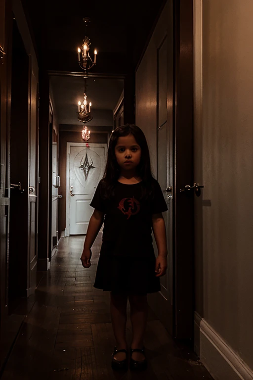 Full body view of a 4 year old girl in a satanic temple