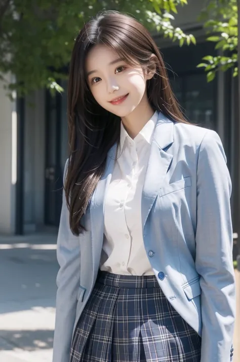 Beautiful girl、Brown Hair、Medium Hair、high school student、、Dark Blue Blazer、White shirt under blazer、huge 、Grey plaid skirt、Shade of trees in the schoolyard、smile