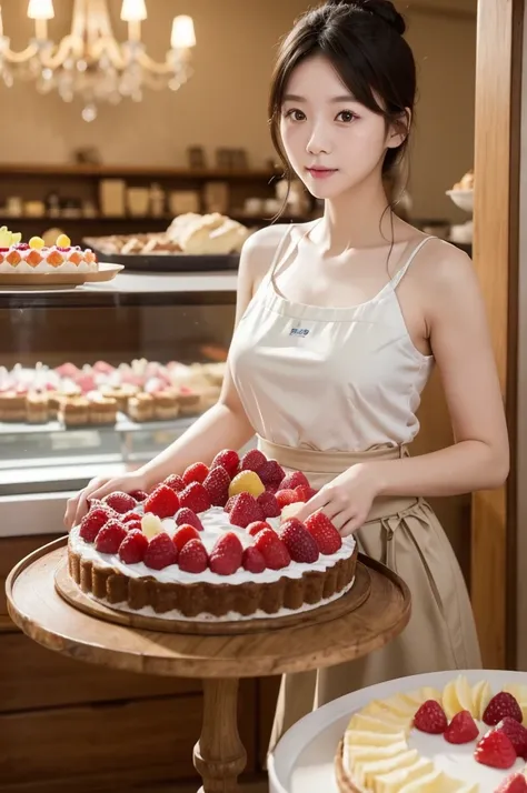 Pastry Chef、(Highest quality)、((Very detailed))、4K、(8K)、masterpiece、Very detailedな、Highest quality、Super Resolution、1 person、Kind Face、Soft Light、RAW quality、Soft Skin、163cm、Cake Shop、Fruit Tart Cake