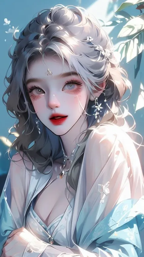 
((Highest quality)), ((masterpiece)), (detailed), One girl, The background is nature、The weather was sunny.、Silver hair straight long hair、Half Up、Parallel thin eyebrows、Double droopy eyes、Thin lips、Small nose、Blue Eyes、Long eyelashes、Delicate appearance、...