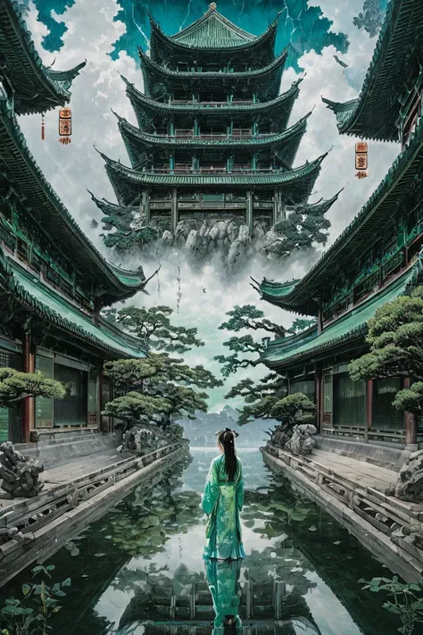 symmetry艺术,  symmetry, Water Drop,lightning, cloud,( (Green and cyan:1.3) (Looking at the audience:1.4),  masterpiece, Ultra-high resolution,Intricate details at wide angles, with an Green and cyan theme, this painting depicts a girl wearing an Green and c...