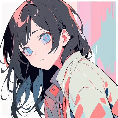 Low poly、vector art 、flat color,Watercolor style、One Girl、Sick Eyes、Yandere、Straightjacket、Long Black Hair