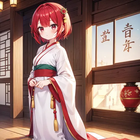 One girl, (Hanfu), Shine, Side Lighting, wallpaper,Red hair short cut