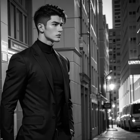 a very handsome man standing on the side of a street next to a building, slightly defined jawline, masculine jawline, masculine jawline!, prominent jawline, well defined jawline, sharp jawline, thick jawline, strong jawline,  defined jawline, chiseled jawl...