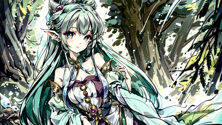 Under the protective cover of a majestic old oak tree, a young elf girl sleeps peacefully. Her silver hair spreads like a sparkling stream across the carpet of green moss, framing her delicate face. She is dressed in a light silk dress, emerald green in co...