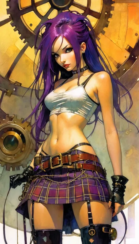 steampunk world. 1.5, Sexy girl, long purple hair, plaid miniskirt, belt rope, small breasts, tight tank top, art inspired by Bill Sienkiewicz
