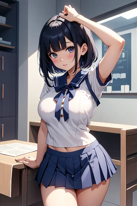 NSFW、Toned body、Big Breasts、Toned body、Bare thighs、White panties、（Sailor suit summer uniform、Dark blue micro mini skirt dark blue、White short-sleeved shirt、Dark blue pleated skirt Dark blue、White mesh panties、Dark blue tie dark blue、Navy blue collar fabric...