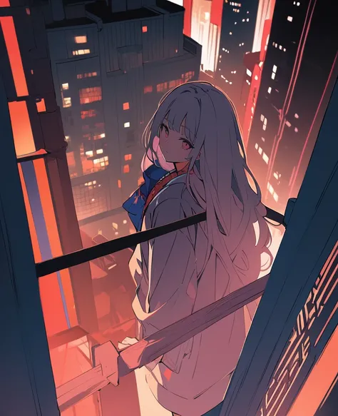 flat color,(Ultra high-resolution masterpiece, best quality, ultra-detailed representation) – A captivating portrait of a Japanese , portrayed with breathtaking intricacy. (A tween girl looking at the city from the top of a tall building on a night.), The ...