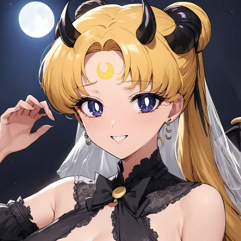 ((Highest quality)), ((masterpiece)), (detailed), （Perfect Face）、The woman is the dark queen of the Black Moon clan, the demon queen Black Serenity, and the woman is the jet-black, sexy demon princess Serenity.、The woman is a jet-black female demon with ma...