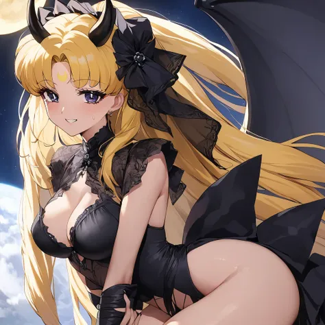 ((Highest quality)), ((masterpiece)), (detailed), （Perfect Face）、The woman is the dark queen of the Black Moon clan, the demon queen Black Serenity, and the woman is the jet-black, sexy demon princess Serenity.、The woman is a jet-black female demon with ma...