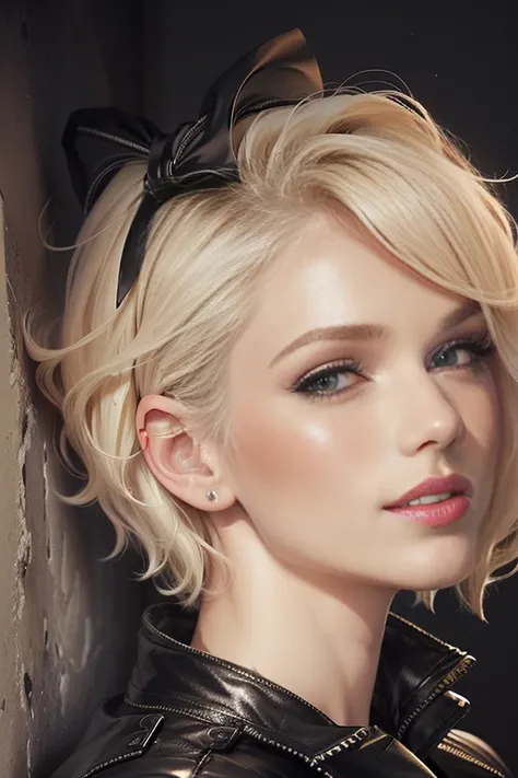 blond woman, (((Kelly Von East))), with a black leather jacket and a black bow, short blonde hair, blonde short hair, short blond hair, short wavy blond hair, blond bob haircut, girl with short white hair, short curly blonde haired girl, short hair style, ...