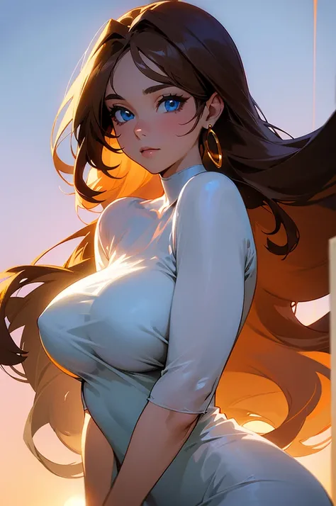 Highest quality, 30-year-old woman, Huge breasts, Brown long hair, blue eyes, A revealing thin white dress, sunset, Upper Body, sexy, Angelic, Thin fabric, See through, God&#39;s Rays, Fluffy Clouds, Colorful flower garden,naked