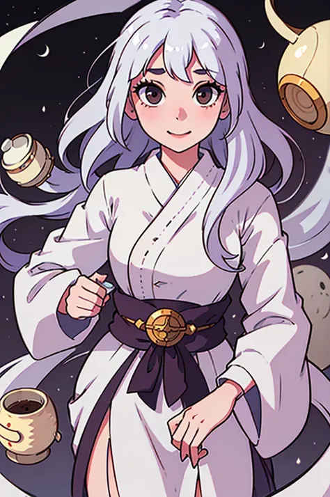 1girl, ghost girl, silver hair, white eyes, white skin, smile, long hair, flies, levitates in the air, white sheet, white cape, ghost, ghostly, translucent, holds a lantern, japanese lantern, holds a cup, tea, glass cup, glass teapot, tea, night, the moon,...