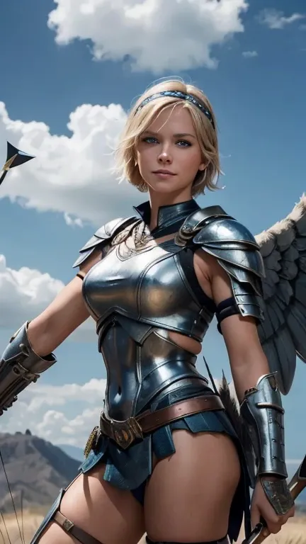 belligerent girl, Valkyrie, bold and beautiful, short blond hair, Blue eyes, smile, Predators Gaze, Developing hair, A look over the shoulder, headband with metal wings, Sparkling steel, Bow and arrows, Weapon, heat of battle, battle, clouds, realistic pho...