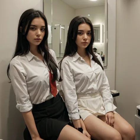 young female. She wear a white shirt and long red tie and a black skirt. She is sitting in a tiny bathroom. She is sitting in a black barber chair. She have long black hair. Night time