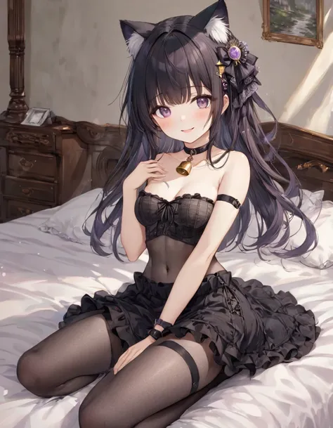 kinako_(shiratama_mochi)_ style, claude monet, bedroom, bed, ((topless)), nsfw, cg masterpiece, lolita style, black hair, cat ears, gothic, fishnet leggings, frill black skirt, 1 girl, erect nipples, intricately detailed, navel, bare shoulders, hair orname...