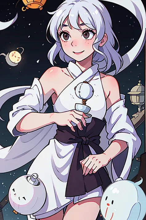 1girl, ghost girl, silver hair, white eyes, white skin, smile, long hair, flies, levitates in the air, white sheet, white cape, ghost, ghostly, translucent, holds a lantern, japanese lantern, holds a cup, tea, glass cup, glass teapot, tea, night, the moon,...