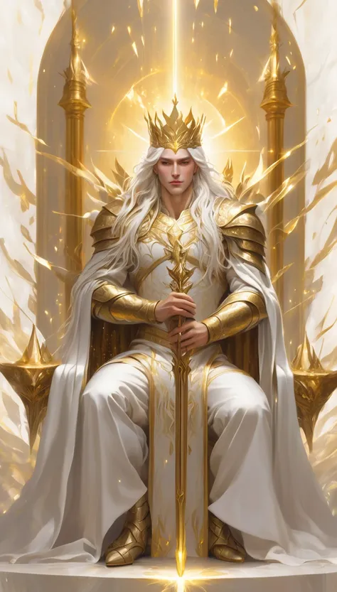 a man with gold crown and magic staff in his hand// white long hair // sit in altar // full body // wear armor with combination ...