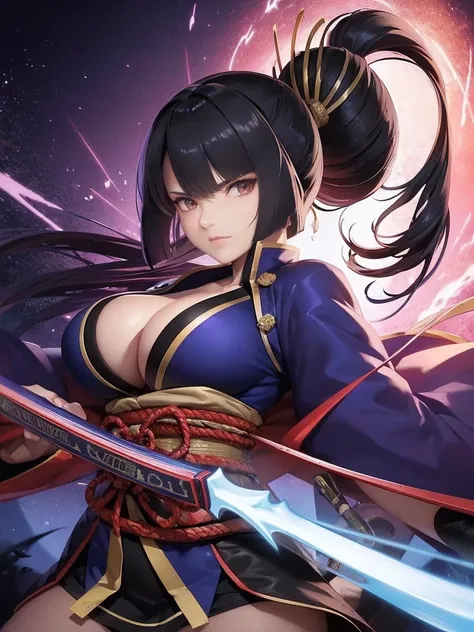 samurai shodown,western movie,east meets west,versus gun man,beautiful adult huge busty middle age ninja lady,100blade,100gun,A hyper Anime art,Illustration,High resolution,8K,Very detailed,Best Illustration,Best Quality,ultra-detailliert,masterpiece,     