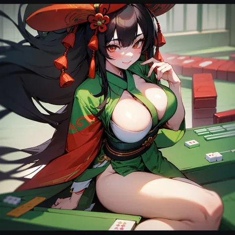 1girl, long black hair, beautiful face, huge breasts, slender figure, playing mahjong, mahjong table in background, looking at viewer, smile, highres, highly detailed, 8k, wearing green kimono, oiran style