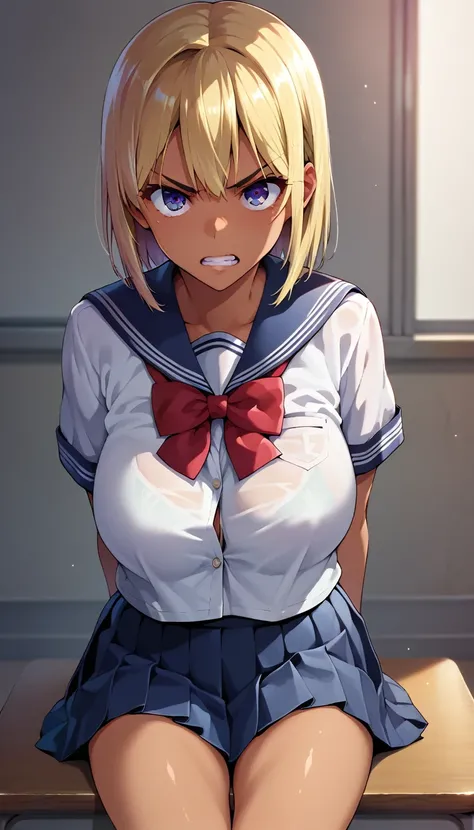 (masterpiece, best quality, ultra-detailed, high resolution, detailed eyes), takeda hiromitsu style, 1girl(17 years old), (school uniform, short sleeve shirt), (long, straight, blonde, hair), solo, tanned skin, tsurime, (furious:0.8), large breasts, slende...