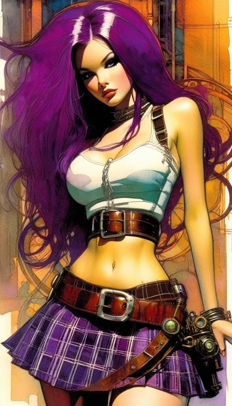 steampunk world. 1.5, Sexy girl, long purple hair, plaid miniskirt, belt rope, small breasts, tight tank top, art inspired by Bill Sienkiewicz
