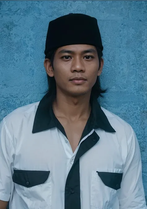 a realistis indonesian man face age 20 years wear a white shirt, and black kopiah,ultra hd 8k