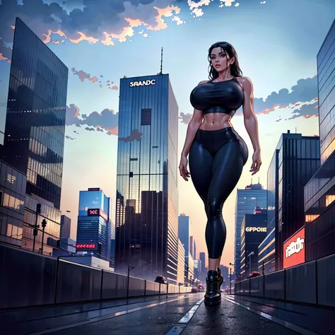 "A towering Giantess in a cool and laid-back hippie style is rocking a crop top and baggy pants. Her toned and athletic build hints at her massive strength. She seems to be casually strolling through the bustling cityscape of GTS City, as towering building...