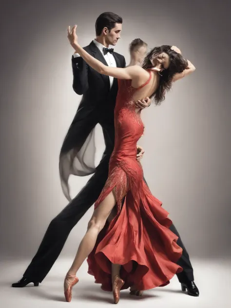 Color photograph of a beautiful artwork illustration, (portrait composition:1.5), couple of ballroom dancers dancing together, Beautiful woman in red dress, Latina,highly detailed face,Perfect Makeup, long legs, low back cut, BREAK goodlooking man, high, b...