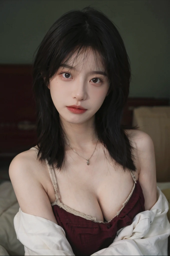 Film portrait photography, 2 girls, Bare shoulders,Lipstick，（flat chest：1.4）， Wear a necklace，Cute expression,Exquisite makeup，Red suspenders，serene, calm, (Realistic and detailed eyes, Natural skin texture, Realistic facial details), Big breasts：1.6，Big B...