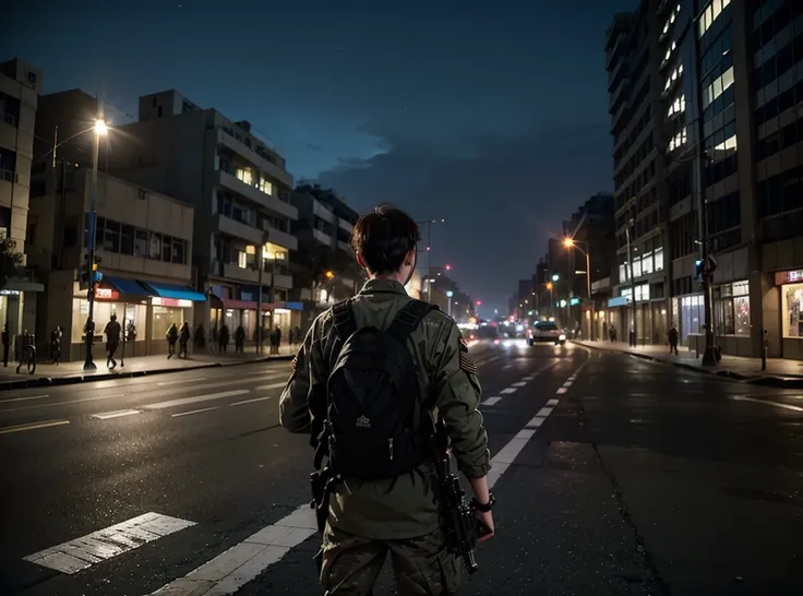 Night，Abandoned building，zebra crossing，There were several special forces soldiers holding guns on both sides of the road.，With his back to the audience, he opened fire