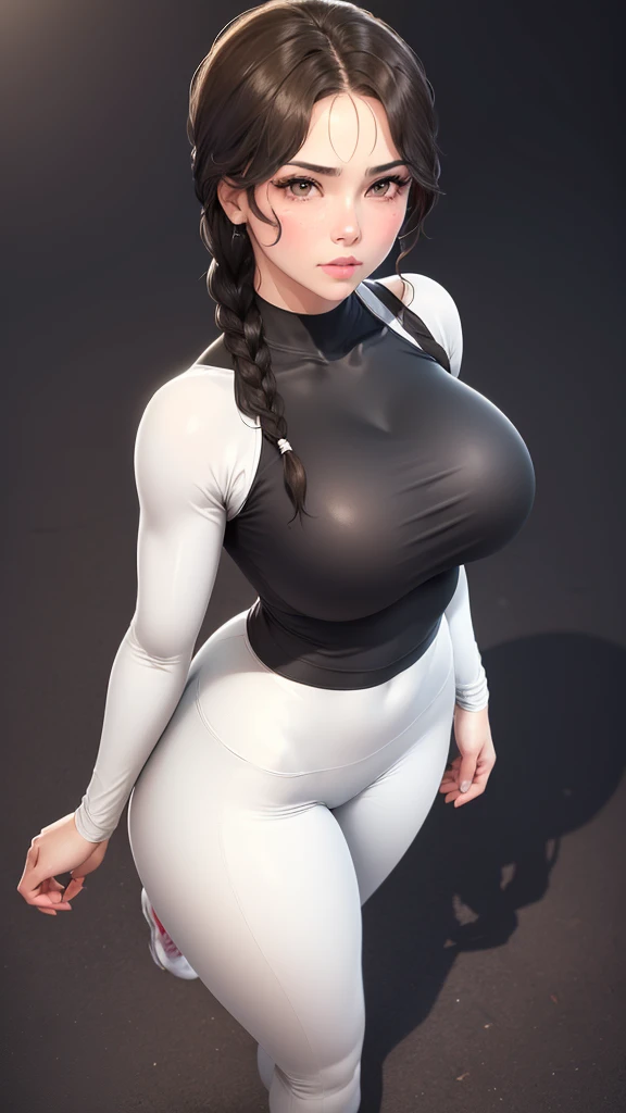 (（（Perfect body,White and tender skin,（（（Black yoga suit, long sleeved yoga suit, yoga pants，White sneakers）））,（（（brown eyes, braid, long hair, braided ponytail, single braid, hair over shoulder, bangs, blush, lips）））,((masterpiece)),highres,((Best quality...