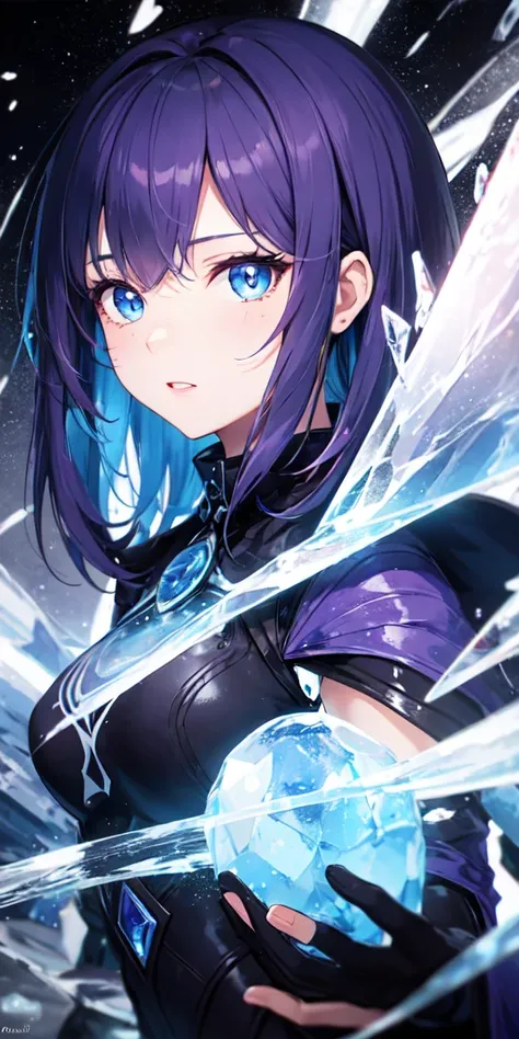 One girl, Purple Hair, blue eyes,Ice Witch, Blood, Particles of light, light, wallpaper, High Contrast, colorful,