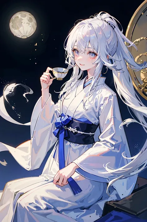 1girl, ghost girl, silver hair, white eyes, white skin, smile, long hair, flies, levitates in the air, white sheet, white cape, ghost, ghostly, translucent, holds a lantern, japanese lantern, holds a cup, tea, glass cup, glass teapot, tea, night, the moon,...