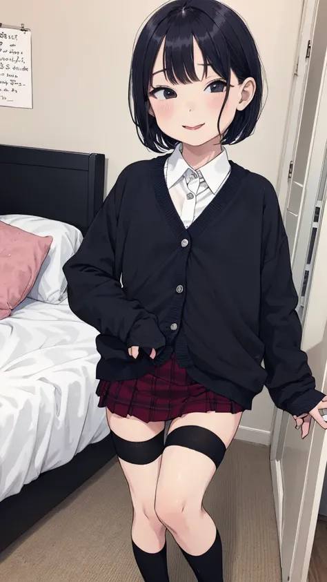 1girl,6yo,(petite),my room,,,uniform,cardigans,miniskirt,looking viewer,,thighhighs,shoes,short hair,bob hair